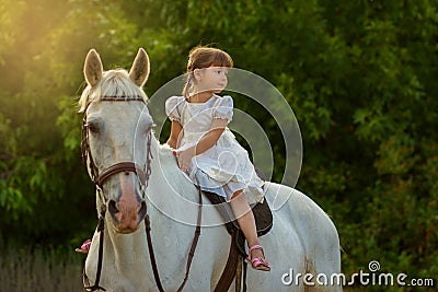 The little girl sits on a horse astride Stock Photo