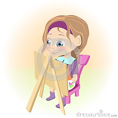 Happy little girl drawing picture on easel Vector Illustration