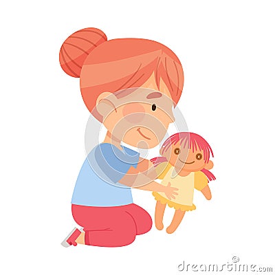 Little Girl Sitting on the Floor and Playing with Toy Doll in Kindergarden Vector Illustration Vector Illustration