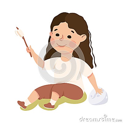 Little Girl Sitting on Green Lawn with Skewered Fried Marshmallow Vector Illustration Vector Illustration