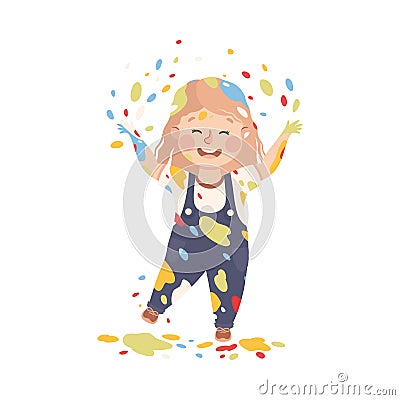 Little Girl Smeared in Paints Throwing Splashes Vector Illustration Vector Illustration