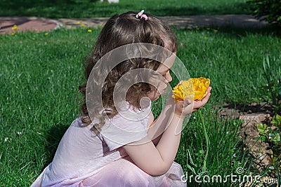 Little girl smell bright yellow flower at spring time Stock Photo