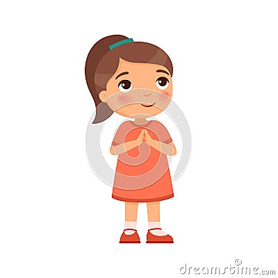 Little girl smiles and lifts up his eyes and hands in prayer. Vector Illustration