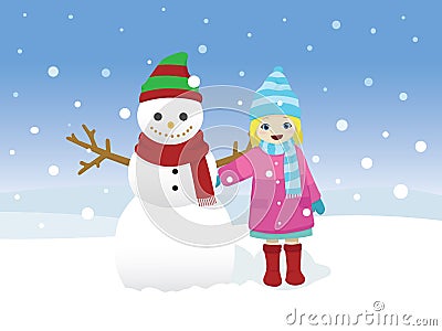 Little Girl and Snowman Vector Illustration
