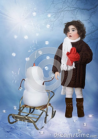 Little girl and snowman Stock Photo