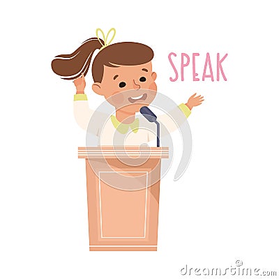 Little Girl Speaking from Tribune Demonstrating Vocabulary and Verb Studying Vector Illustration Vector Illustration