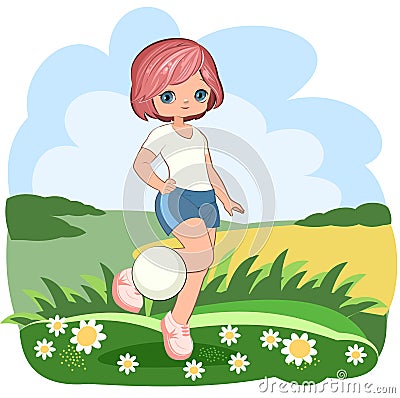 Little girl in sports shorts and a T-shirt. Flirts. Handsome fashionable child. The isolated object on a white Vector Illustration