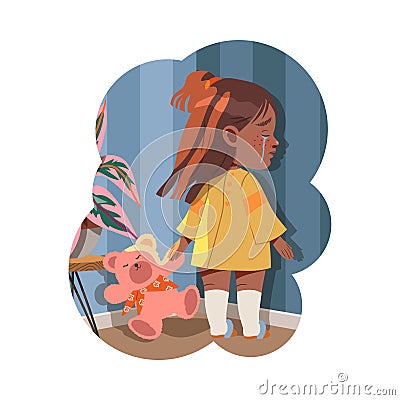 Little Girl Standing with Teddy Bear Crying Afraid of Something Vector Illustration Vector Illustration