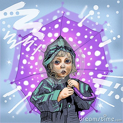 Little girl standing under the rain with dotted umbrella Cartoon Illustration