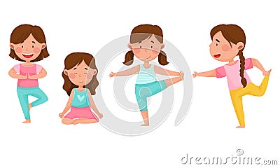 Little Girl Standing in Yoga Pose Breathing Deeply Vector Illustrations Set Vector Illustration