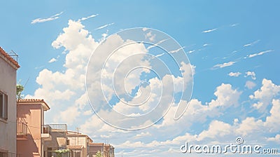 Anime Aesthetic House Painting With Blue Sky And Clouds Stock Photo