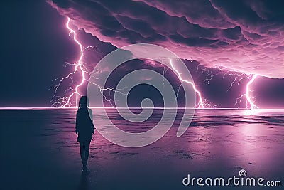 A little girl stands and looks at large sparkling lightning bolts. natural phenomena. Bad weather. AI-generated Stock Photo