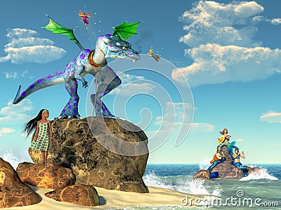 Little Girl with Pet Dragon Stock Photo