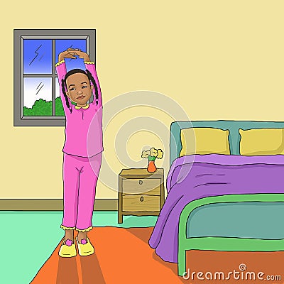 A little girl stretching beside bed in the morning cartoon illustration Stock Photo