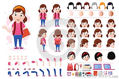 Little Girl Student Character Creation Kit Template with Different Facial Expressions Vector Illustration