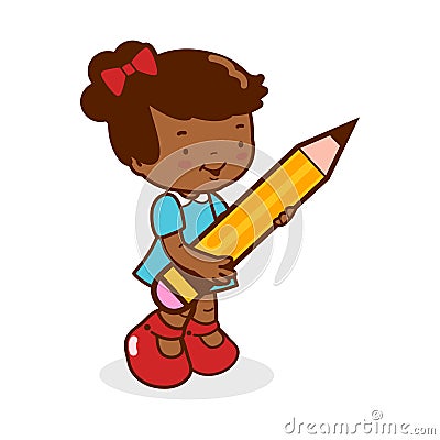 Little girl student holding a big pencil. Vector illustration Vector Illustration