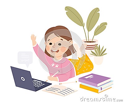 Little Girl Studying from home via Teleconference, Homeschooling, Distance Learning Concept Cartoon Style Vector Vector Illustration