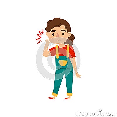 Little girl suffering from strong tooth pain. Sick child. Teeth problem. Flat vector design Vector Illustration