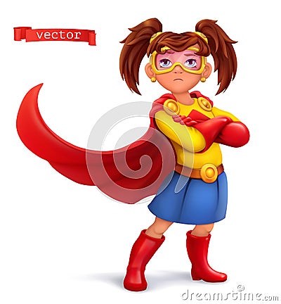 Little girl in superhero costume with red coats. Comic character, vector illustration Vector Illustration