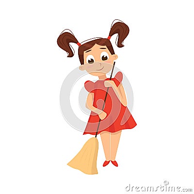 Little Girl Sweeping the Floor with Broom Vector Illustration Vector Illustration