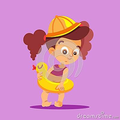 Little girl in swimming suit and life ring. Vector Illustration