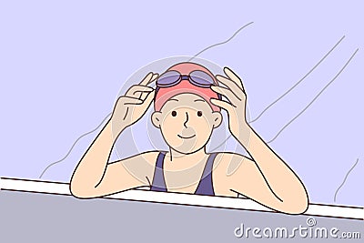 Little girl swims in pool and leaning on side looks at screen taking off diving goggles Vector Illustration