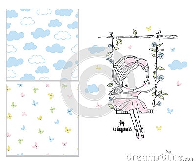 Little girl on the swing. Nursery vector illustration Vector Illustration