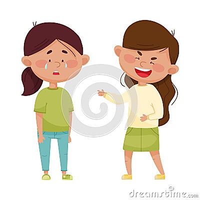 Little Girl Teasing and Laughing at Her Crying Agemate Vector Illustration Vector Illustration