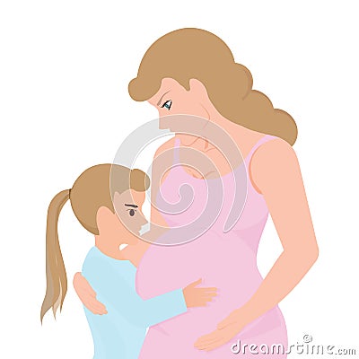 Little girl touching her pregnant mom belly. Vector Illustration