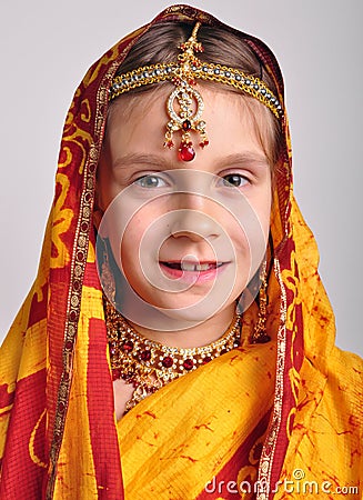 Little girl in traditional Indian sari and jeweleries Stock Photo