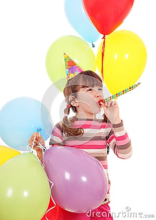 Little girl with trumpet hat and balloons birthday party Stock Photo