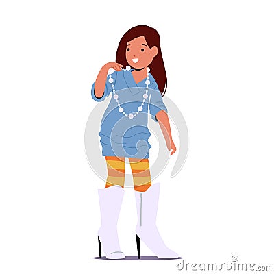 Little Girl Trying On Her Mother Boots On High Heels, Struggling To Walk In Them As She Playfully Imitates Her Mom Vector Illustration