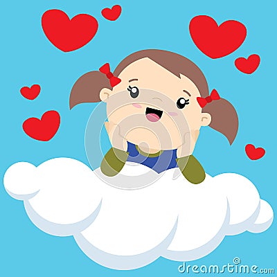 Little girl with two ponytails on a cloud thinking Vector Illustration