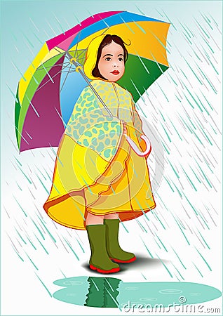 Little girl under umbrella Vector Illustration