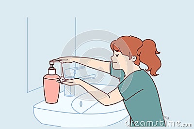 Little girl uses liquid soap to wash hands standing near sink and mirror in bathroom Vector Illustration