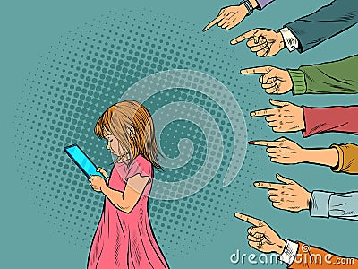 A little girl uses a smartphone. Adults discuss the passion of young people. Generational conflict Vector Illustration