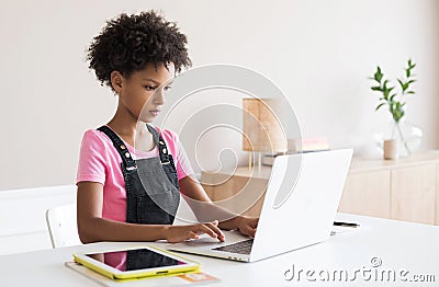 Little girl using laptop at home, child working online on computer indoor, Children lifestyle, distance education concept Stock Photo