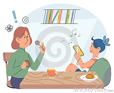 Little girl using tablet, child watching smartphone while eating at kitchen, internet addiction Vector Illustration
