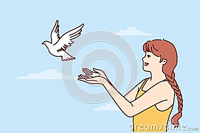 Little girl volunteers teenager sets dove free and lets bird fly towards sky for family reunion Vector Illustration