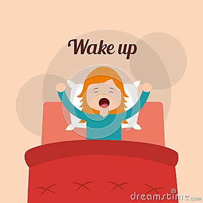 Little girl wake up in the bed arms stretching Vector Illustration