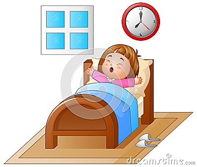 Little girl waking up in a bed and yawning Vector Illustration