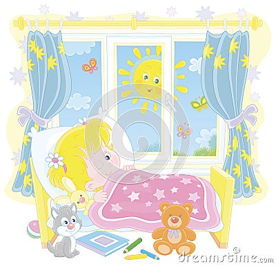 Little girl waking up on a bright sunny morning Vector Illustration