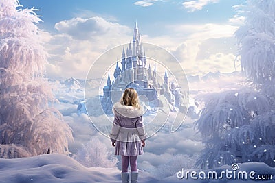 little girl walk to big pink castle in winter Stock Photo