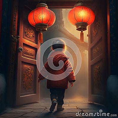 A little girl walking out through a wooden door in the middle of two red Lanterns. Chinese New Year celebrations Stock Photo