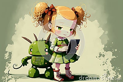 Little girl walks with her funny robot, kid uses mobile phone, illustration, generative AI Cartoon Illustration