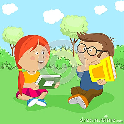 Little girl wants to exchange books but the boy is against it sitting on meadow Vector Illustration