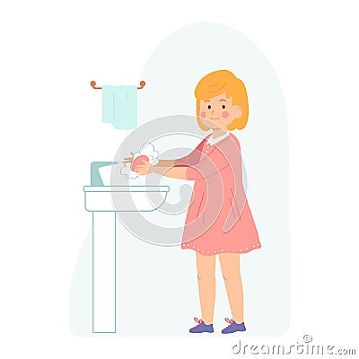Little girl washes her hands. Healthy lifestyle concept. Vector illustration for banners, posters, postcard. Cartoon style Cartoon Illustration