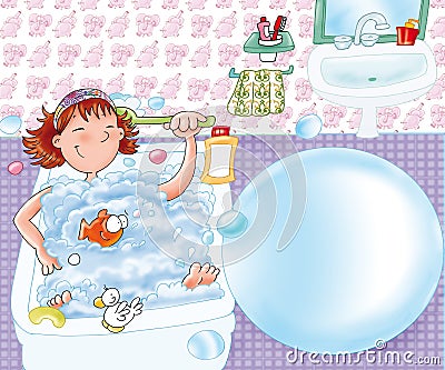 The little girl washes with his duck in the bath tub gives Relax Stock Photo