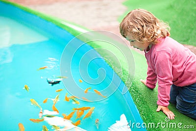 Little girl watching colorful Koi or carps fish in the pond, pet. Stock Photo
