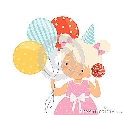 Little Girl Wearing Birthday Hat Carrying Candy and Bunch of Balloons Vector Illustration Vector Illustration